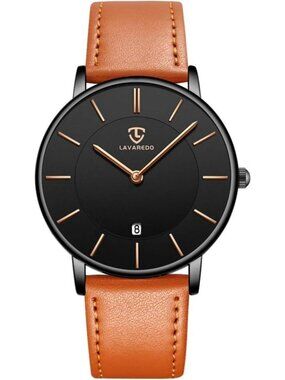 Men's Orange Black Leather Strap Analog Minimalist Fashion Simple Wrist Watch